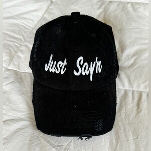 District Distressed Black Ball Cap 🧢 “Just Say’n” embroidered